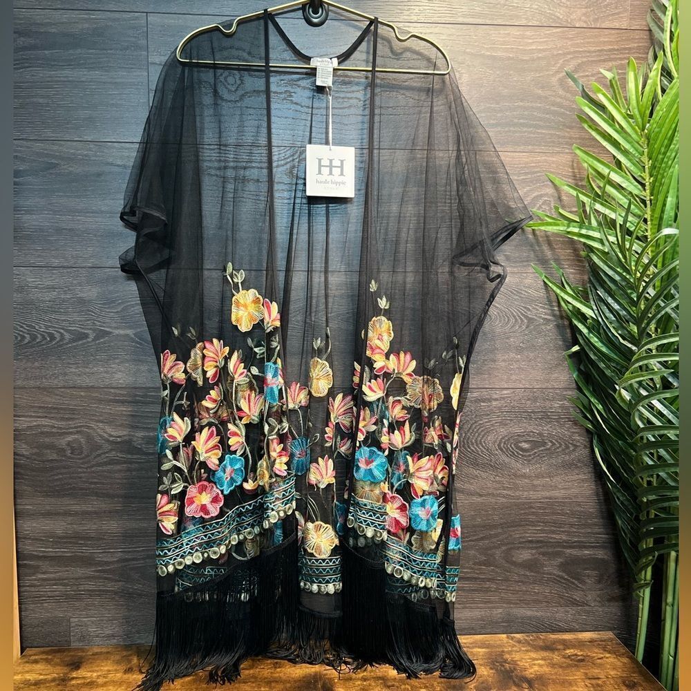Haute Hippie Black Mesh Floral Embroidered Fringe Boho, Festival Kimono, OS, NWT